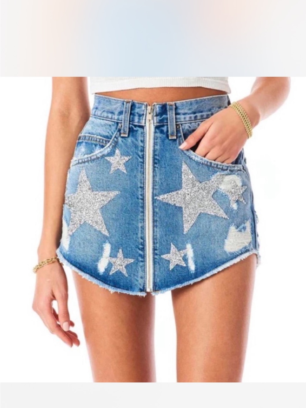 Carmar Blue Denim Mini Skirt with Silver Star Embellishments